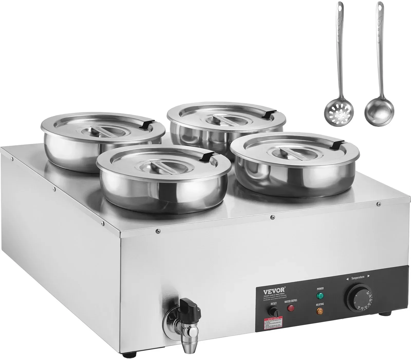 VEVOR elektrischer Suppenwärmer Speisenwärmer 4 x 7,4 Qt, kommerzieller Speisenwärmer 1500 W, einstellbare Temperatur von 30–85 °C, mit Trockenbrandschutz und Reset-Taste, für Restaurant, Buffet