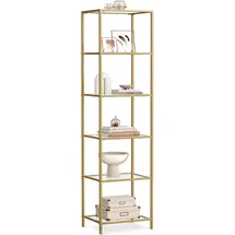 VASAGLE Regal mit 6 Ablagen, Badregal, gehärtetes Glas, einfache Montage, für Badezimmer, Wohnzimmer, Küche, Büro, transparent-metallisches Gold