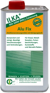 ILKA Alu Fix Konservierungs- und Reinigungsmittel, GRM-Zulassung, Kräftiger Reiniger für beschichtete Metallfassaden und Kunststoffoberflächen, 1 Liter - Flasche