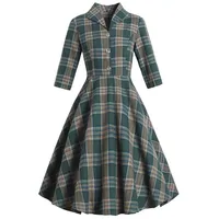 Minetom Damen Kariert Cocktailkleid Vintage V Ausschnitt 3/4 Ärmel Retro Hepburn Midi Cocktailkleider Retro Rockabilly Swing Kleider Kariertes Midikleid A Grün L - L