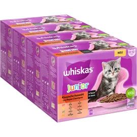 Whiskas Junior Katzennassfutter Klassische Auswahl in Sauce, 48 Portionsbeutel, 12x85g (4er Pack) – Hochwertiges Katzenfutter nass, für heranwachsende Katzen von 2 bis 12 Monaten