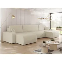 Mirjan24 Wohnlandschaft Piano U Cord, Wohnzimmer Eckcouch mit Bettkasten und Schlaffunktion, Schwarze Füße, Wellenfeder, U-Form (Farbe: Poso 100) - Beige