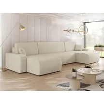 Mirjan24 Wohnlandschaft Piano U Cord, Wohnzimmer Eckcouch mit Bettkasten und Schlaffunktion, Schwarze Füße, Wellenfeder, U-Form (Farbe: Poso 100) - Beige