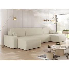 Mirjan24 Wohnlandschaft Piano U Cord, Wohnzimmer Eckcouch mit Bettkasten und Schlaffunktion, Schwarze Füße, Wellenfeder, U-Form (Farbe: Poso 100) - Beige