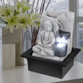 GLOBO Tischbrunnen mit Pumpe Springbrunnen mit LED Beleuchtung Buddha Design Zimmerbrunnen grau Dekoration, LxBxH 21x18,5x25,5 cm