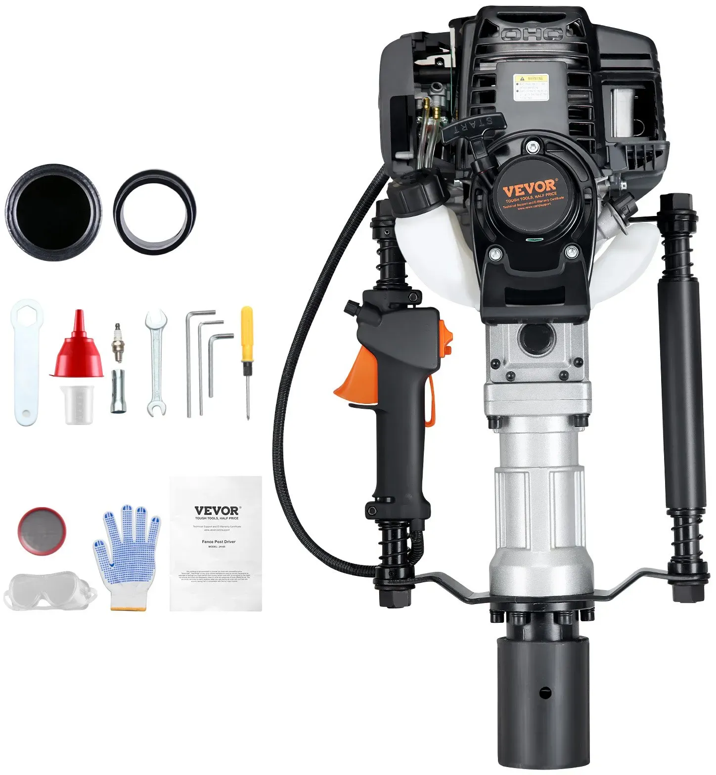 VEVOR 37,77 ccm T-Pfostenramme, benzinbetriebener Zaunrammer mit 4-Takt-Motor, mit 2 Pfosten-Rammköpfen (55/70 mm), tragbarer 1000-W-Pfostenramme für Bauernhöfe, Ranchzäune, Straßenverbesserungen