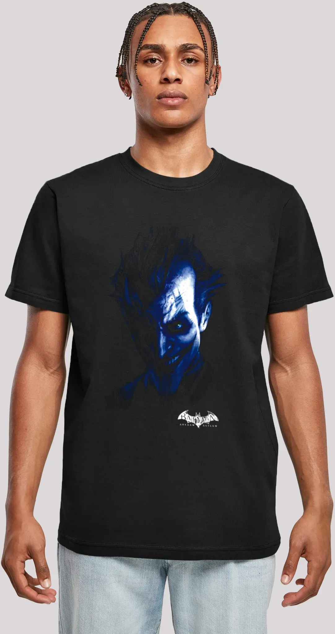 T-Shirt F4NT4STIC "DC Comics Batman Arkham Asylum Joker Face Distress", Herren, Gr. L, schwarz, Obermaterial: 100% Baumwolle, casual, regular fit, Rundhals, Kurzarm ohne Bündchen, Shirts, Print