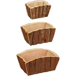 Relaxdays Blumenkasten 3er Set, natürliches Holz mit Rinde, Garten, Terrasse & Fensterbank, Deko zum Bepflanzen, natur