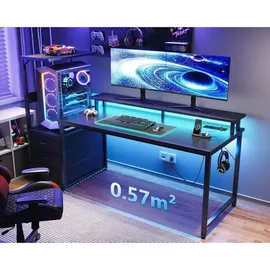 Gaming Tisch mit LED-Beleuchtung und Steckdose, Carbon Fiber, Schwarz, 151×50 cm - Schwarz