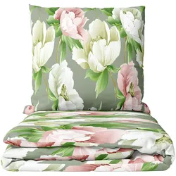 Leonado Vicenti Bettwäsche Set 155x220 cm Baumwolle Rosa Weiß Grün florales Muster mit Reißverschluss für alle Jahreszeiten