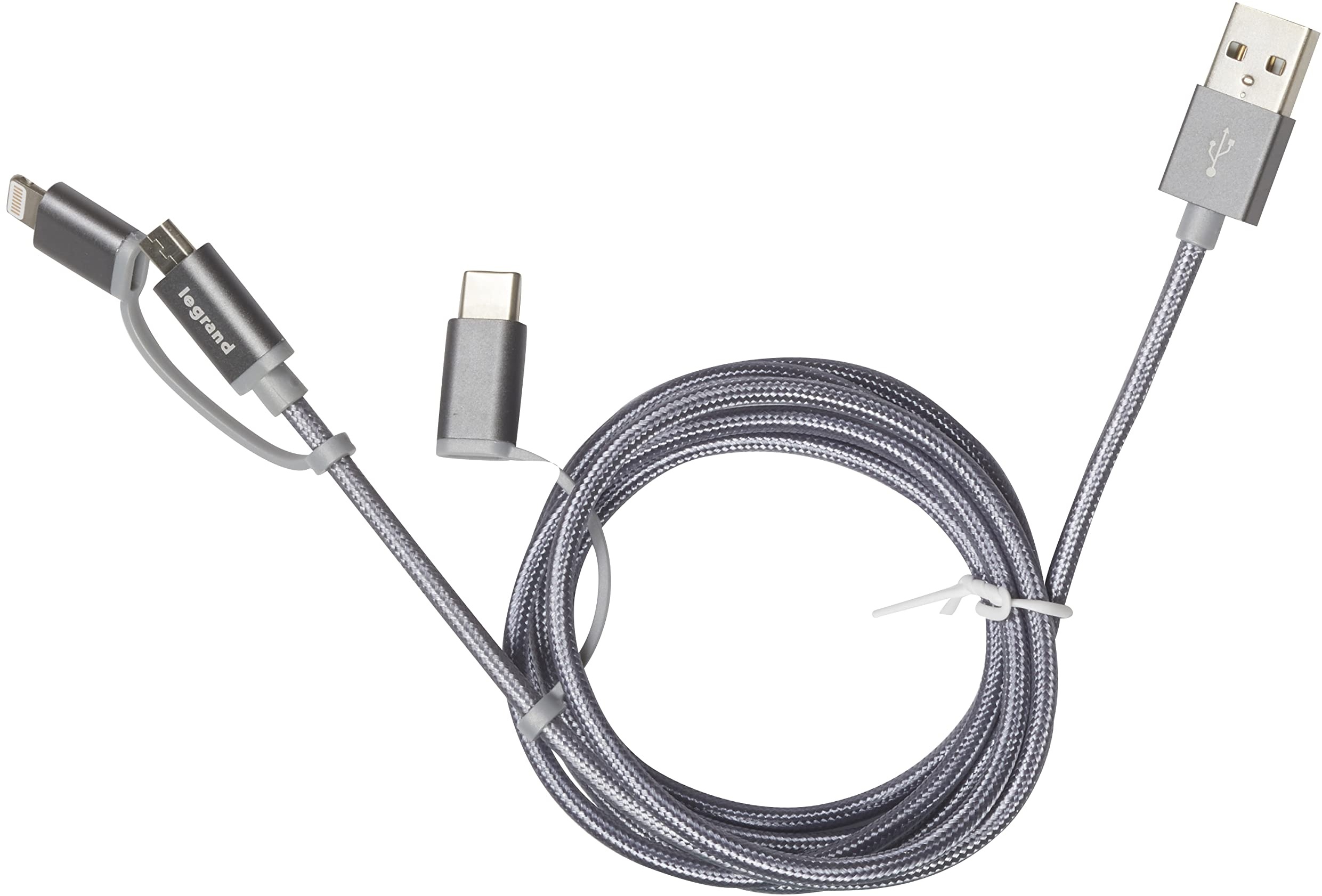 LEGRAND, Ladekabel 3 in 1 multi USB-Kabel, Lightning + USB C + Micro USB Kabel für iOS und Android Geräte, 5V/2.1A/12W, Kabellänge: 1,2m, Apple Mfi-Zertifiziert, 050693