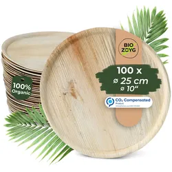 BIOZOYG 100 Stück Einwegteller Pizza Ø 25cm Palmblatt Teller, runde flache Bio Wegwerfteller, kompostierbare Einwegteller für Pizza, nachhaltig