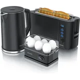 Arendo Frühstücks-Set Wasserkocher 1,5l, 2-Scheiben Toaster, 6er Eierkocher, Schwarz