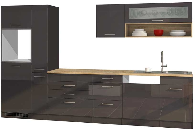 Hochglanz Küchenblock in Grau 330 cm breit (neunteilig)