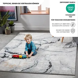 livabliss Berlin Teppich 160x220 cm – Moderner Kurzflor in Marmor Optik für Wohnzimmer – Esszimmer, – Grau, Blau & Elfenbein