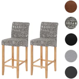 Mendler 2er-Set Barhocker HWC-C33, Barstuhl Tresenhocker, Holz ~ Schriftzug, grau, helle Beine, Stoff/Textil