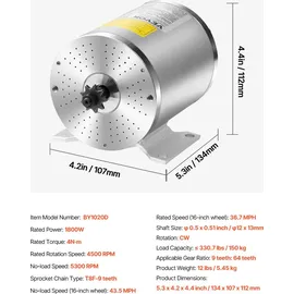 Vevor 1800 W Elektrischer Bürstenloser Gleichstrommotor-Bausatz, Elektromotor – 48 V 4500 U/min Motor mit verbessertem Drehzahlregler, Gasgriff-Bausatz für Go Karts, E-Bikes, Motorräder, Roller