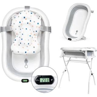 moovkee. Babybadewanne mit Gestell 80cm - Baby Badewanne Faltbar mit Thermometer und Badekissen - Babywanne mit Ständer Sicher für Ihr Baby - Babybadewanne Neugeborene