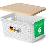 Novaliv 6er Set Aufbewahrungsboxen mit Holzdeckel Mini 2L Korb Weiß in Rattan Design Lebensmittelecht Aufbewahrungskorb Stapelboxen Nestbar Kunsts...