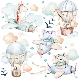 Muralo Sticker Set für Mädchen und Jungen - Aquarell Aufkleber Wandsticker Tattoo für Kinderzimmer - Wandaufkleber Tiere in den Wolken Motiv - Br.60cm x Hö.30cm