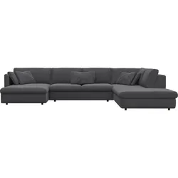 Wohnlandschaft FLEXLUX "Lovane, u-Form, bequem und komfortabel", grau (dervit grau), B:399cm H:84cm T:272cm, 100% Polyester, Sofas, Weich & anschmiegsam, große Sitztiefe auf Kaltschaum, Dekokissen inkl.