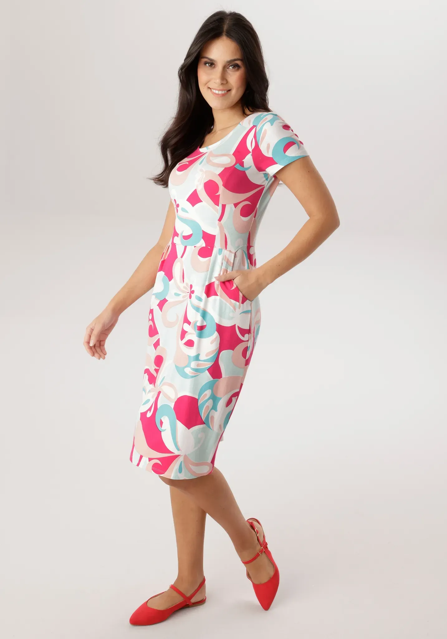 Jerseykleid ANISTON SELECTED, Damen, Gr. 36, N-Gr, türkis, weiß, mint, pink, rosebeige, Single Jersey, Obermaterial: 95% Viskose, 5% Elasthan, bedruckt, geblümt, gemustert, figurumspielend knieumspielend, Rundhals, Kleider Jerseykleid, mit zwei Eingriffstaschen - NEUE KOLLEKTION, Topseller