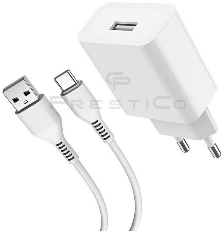 PrestiCo F6S​ Schnell Ladegerät + Ladekabel 1xUSB+TYPE​ C​ 2​.​1A​ white Smartphone-Kabel, USB-C, USB-A, TYPE-C-Kabel (100 cm), Schnellladefunktion 2​.​1A weiß