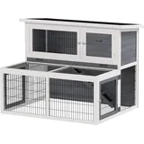 PawHut Hasenstall 2 Ebenen mit klappbar Dach Kaninchenstall aus Vollholz Winterfest Doppelstockhaus mit Freilaufgehege 122x95x93,5 cm Kaninchenkäfig Outdoor Kleintierstall für Hasen Kaninchen Grau   Aosom