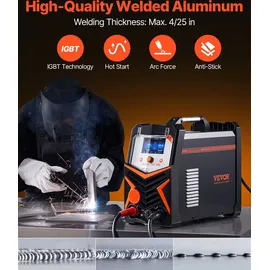 Vevor WIG-Schweißgerät, 200 A 6-in-1-Aluminium-Schweißgerät (LED-Anzeige) – AC WIG/DC WIG/AC Pulse WIG/DC Pulse WIG/Spot WIG/MMA (Stick), elektrisches Schweißgerät mit synergetischer Steuerung IGBT