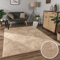 Teppich PACO HOME "Utrecht 641", beige, B:230cm H:4mm L:340cm, Polyester, Teppiche, Kurzflor, Uni Farben, 3D-Design, Rauten Muster, besonders weich