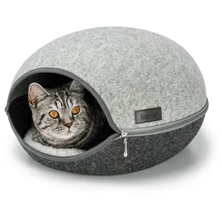 LIONTO Katzenhöhle aus Filz mit Reißverschluss für Katzen, 46x38x24 cm Komfortables und modernes Katzenbett mit weichem Kissen, grau