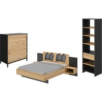 Gami Schlafzimmer-Set Mimizan, (6-St., Bett, 2 Kissen und inkl. 2x Nachttische, 1x Kleiderschrank, 1x Kommode) schwarz