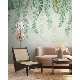 Livingwalls Fototapete Blätter creme blau grün B/L: ca. 280x371 cm - Blau, Creme, Gruen