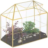 Relaxdays Pflanzenterrarium, Glas & Kupfer, HBT: 27x30x15 cm Deko Glashaus Kakteen & Moos, Glaskasten Fensterbank, gold