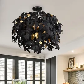 ETC Shop Deckenleuchte Schlafzimmerleuchte Deckenlampe Blätter schwarz gold,, 3x E14 Fassung, DxH 70x73 cm