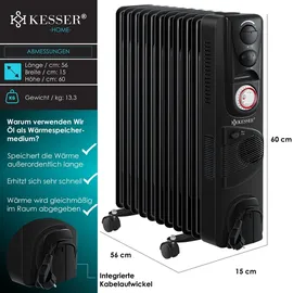 Kesser KESSER® Ölradiator - Elektrische Heizung 2500W Öl Radiator Elektroheizung Mobil Timer Lüfter Abschaltautomatik stufenlose Temperaturregelung Überhitzungsschutz