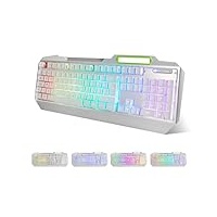 RGB-LED-Hintergrundbeleuchtung Gaming-Tastatur mit Anti-Ghosting, beleuchtete Tasten, Multimedia-Steuerung, USB-kabelgebunden, wasserdichte Metall-Tastatur für PC, Spiele, Büro (Silber & Weiß)