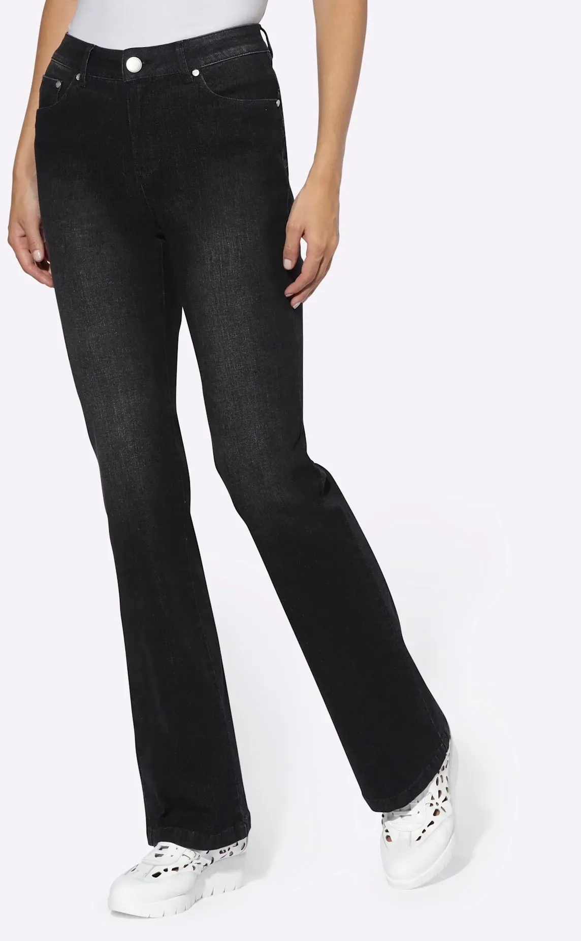 Bootcut-Jeans HEINE, Damen, Gr. 23, Kurzgrößen, schwarz (schwarz denim), 75% Baumwolle, 17% Polyester, 7% Viskose, 1% Elasthan, Miedereinsatz:15% Elasthan, 85% Polyamid, unifarben, lang, Jeans