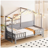OKWISH Kinderbett mit lustigem Dach und Sicherheitszaun (Schlafsofa 90 x 200 cm), ohne Matratze grau