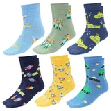 TupTam Kinder Socken Bunt Gemustert 6er Pack für Mädchen und Jungen, Farbe: Weltraum Bär Flugzeug Dunkelblau Blau Grün Gelb, Socken Größe: 23-26 - 23-26