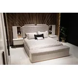 JV Möbel Schlafzimmer-Set beige aus Holz mit Bett, Nachttischen und Bank,