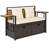 FANTASK Gartensofa mit Stauraum, 120 x 51 x 82 cm, 2-Sitzer Gartenbank mit klappbaren Seitenablagen & Kissen, Truhenbank wetterfeste, Balkonbank für Garten, Balkon, Terrasse (Beige)