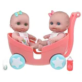 JC Toys Lil Cutesies Twin 21,6 cm Vinyl-Puppen und Kinderwagen-Set, beweglich und waschbar, abnehmbare Outfits, Zwillingskinderwagen und Zubehör, ab 2 Jahren, Grün