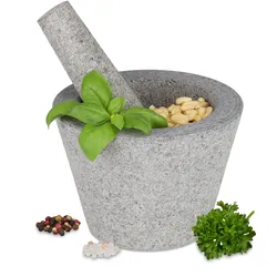 Relaxdays Mörser mit Stößel, Granit, HxD: 10x14 cm, robust, langlebig, unpolierter Steinmörser, Gewürze & Kräuter, grau
