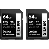 Lexar Silver SD Karte 64GB 2-Pack, UHS-I SDXC Card 205 MB/s Read Speed, 90 MB/s Write Speed, V30, U3, C10, 4K UHD Video, SD Card Memory Card with Lexar Lifetime Data Recovery