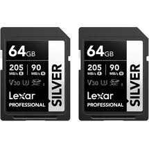 Lexar Silver SD Karte 64GB 2-Pack, UHS-I SDXC Card 205 MB/s Read Speed, 90 MB/s Write Speed, V30, U3, C10, 4K UHD Video, SD Card Memory Card with Lexar Lifetime Data Recovery