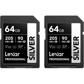 Lexar Silver SD Karte 64GB 2-Pack, UHS-I SDXC Card 205 MB/s Read Speed, 90 MB/s Write Speed, V30, U3, C10, 4K UHD Video, SD Card Memory Card with Lexar Lifetime Data Recovery