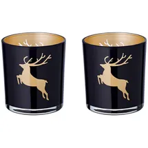 Edzard 2er Set Teelichtglas ELSA (Höhe 8 cm), Hirsch-Motiv, außen schwarz/innen Gold