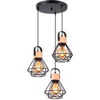 iDEGU 3-flammig Pendelleuchte Industrielle Hängelampe aus Holz und Metall Vintage Lampe mit 16cm Geometrischem Käfig Schwarz E27 Retro Hängeleuchte für Esszimmer Wohnzimmer Küche (3-flammig, Rondell)