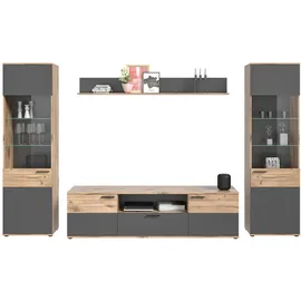 inn.furn Wohnwand, Eiche, Grau, Kunststoff, Nachbildung,Eiche, Uni, Holz Optik, 12 Fächer, Rechteckig, 338x200x47 cm, FSC Mix, Wohnzimmer, Wohnwände, Wohnwand-Sets